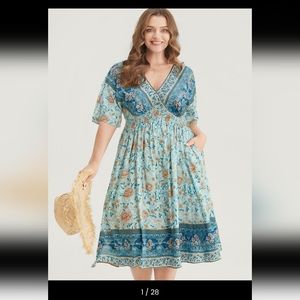 Floral Dolman Sleeve Ruffles Shirred Split Hem Dress